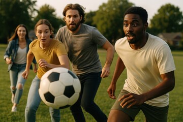 Excitement builds as friends race after the soccer ball during a late afternoon match in a sunlit park Generative AI