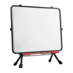 Whiteboard with red handle and black stand isolated on transparent background.