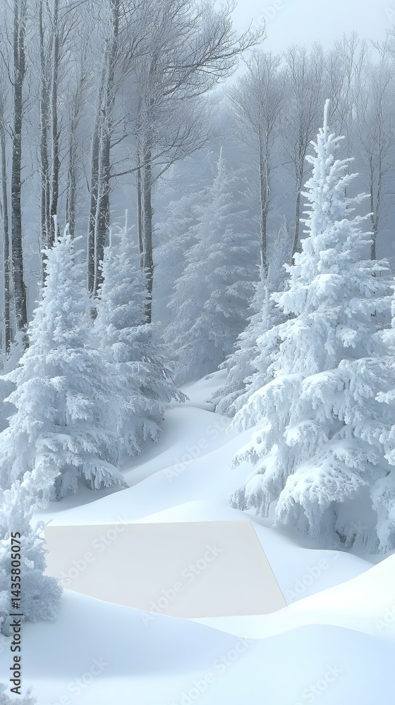 Aufkleber snow-covered trees in a winter forest scene a path winds through the frosted branches and drifts of 