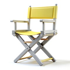 3D Director's Chair Icon &ndash; Yellow Seat with Silver Frame, Folding Design, and Crossed Legs for Film & TV Production.