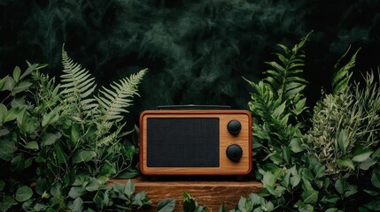 A vintage radio sits amidst lush greenery, its wooden body and black speaker contrasting with the surrounding foliage.