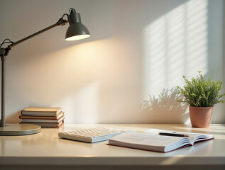 Minimalist Desk with Book and Lamp