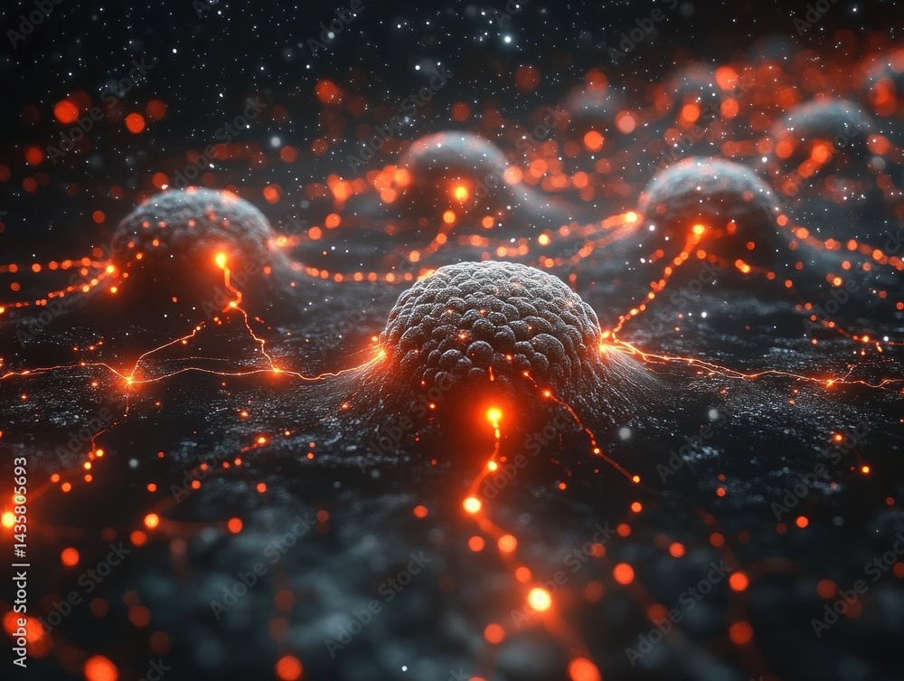 Poster intricate network of glowing cellular structures.