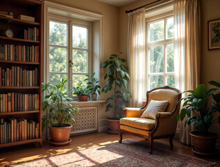 Fototapeta premium Cozy Sunlit Living Room with Plants