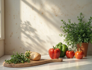 Fresh Vegetables and Herbs on Window Sill