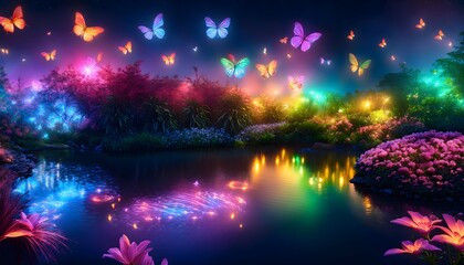 Glowing butterflies flying over a magical pond in fantasy garden at night