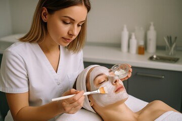 Relaxing facial treatment at a serene spa featuring a skilled aesthetician applying a rejuvenating mask Generative AI