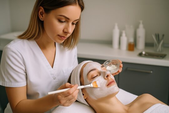 Relaxing facial treatment at a serene spa featuring a skilled aesthetician applying a rejuvenating mask Generative AI