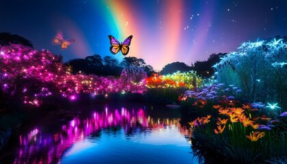 Butterflies flying over rainbow and magical garden with lighting reflecting in the lake