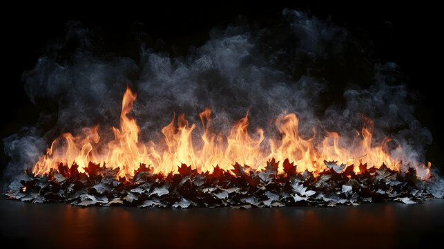Burning leaves create a fiery smoky spectacle against a dark background  Intense flames engulf the pile producing bil