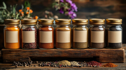 Rustic Spice Jars with Blank Kraft Labels on Wooden Display