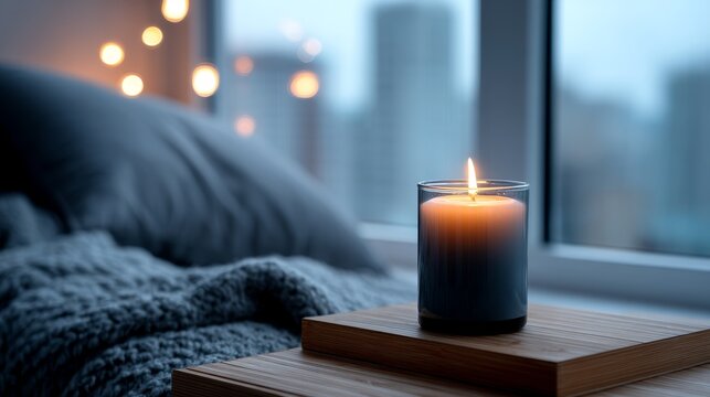 Cozy Candlelight and Soft Knit Blanket - Serene bedroom scene, candlelight warmth, soft textures, cozy atmosphere, peaceful relaxation