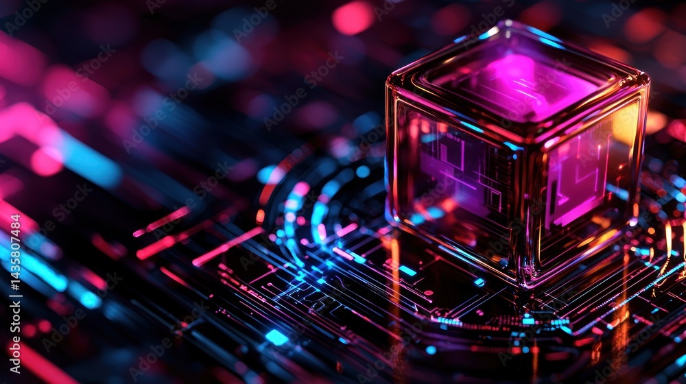 Canvas Prints futuristic transparent cube on circuit board with vibrant neon lights