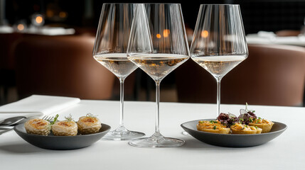 Fine Dining Delight: An inviting restaurant table is set with elegant stemware filled with sparkling beverage, complemented by miniature appetizers, embodying a luxurious dining experience.