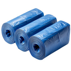 blue rolled trash bags in cylindrical shape, isolated 