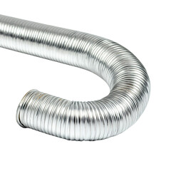 A flexible silver aluminum duct is curved and isolated on a pure white background, creating a simple and clean product shot showcasing its texture and form.