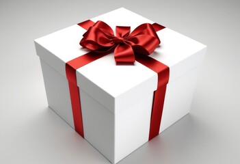 Fototapeta premium White gift box with red ribbon and bow on grey background