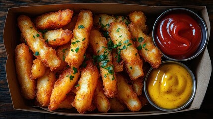 A top view of crispy chicken fries served in a paper tray with ketchup and mustard dips on the side, placed on a wooden table