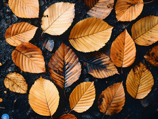 Fototapeta premium Golden autumn leaves scattered on dark surface