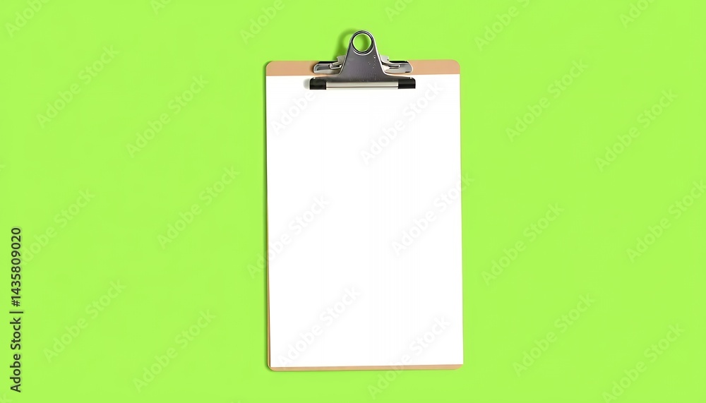 Poster clipboard with white paper isolated on green screen background displaying a blank clean template per