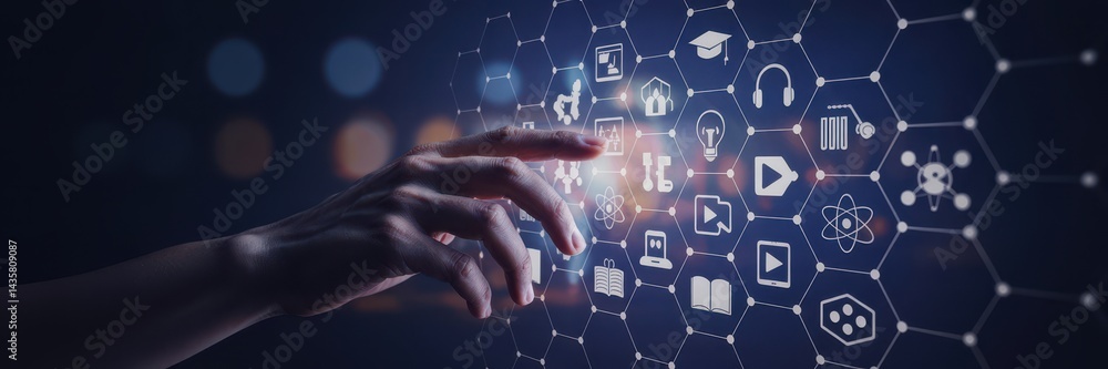 Poster interactive digital interface with interconnected icons.