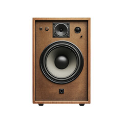 A vintage wooden speaker with a woofer and tweeter stands against a white background, showcasing its classic design and potential for high quality sound reproduction.
