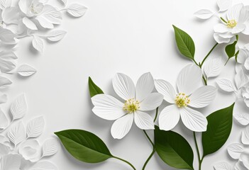 White flowers with a single green leaf on a white background