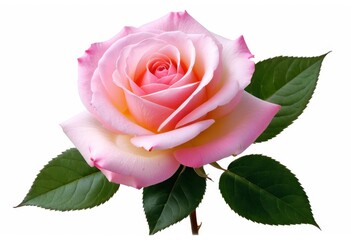There is a leafy pink rose on a white background