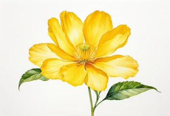 Fototapeta premium A yellow flower with green leaves on a white background