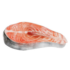 Salmon steak watercolor. Hand drawn red fish fillet on white background. Food clip art. Ideal for farm fish packaging design, restaurant menus and culinary blogs