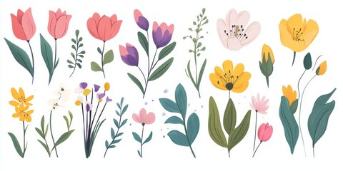 Colorful spring flower and plant illustrations