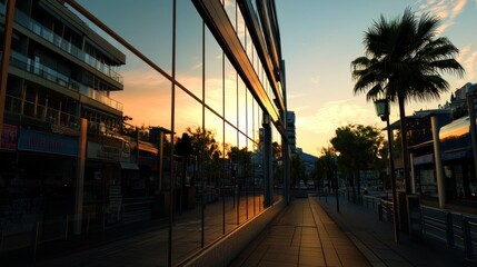 Fototapeta premium Urban walkway reflection sunrise city buildings