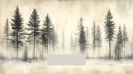 Fototapeta premium Snowy forest scene with tall slender pines a muted color palette and a blank space in the foreground
