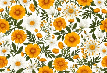 Seamless floral pattern of daisies and other flowers on a white background