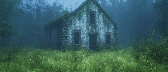 Overgrown house in the fog, green grass