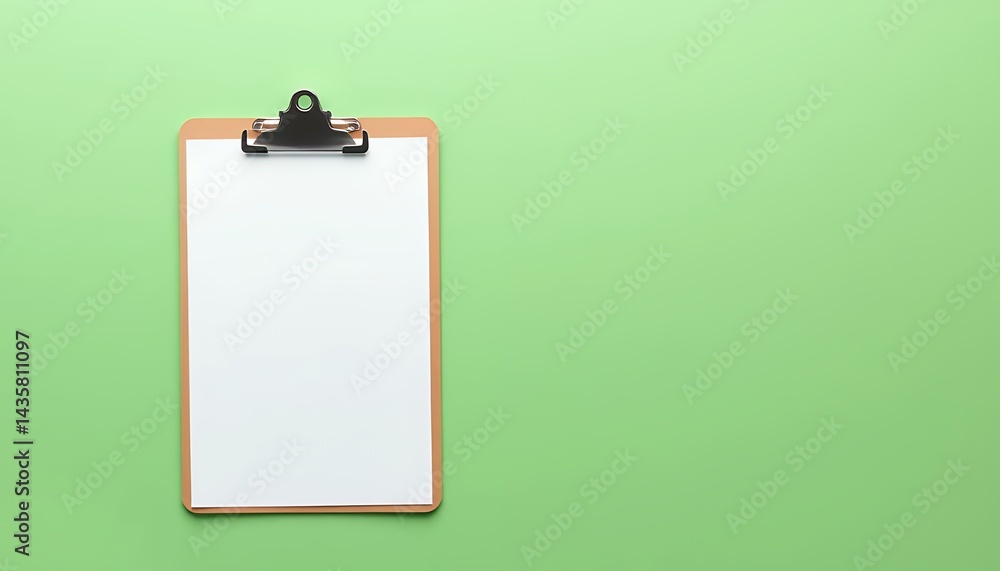 Poster elevated view of clipboard with white paper isolated on green screen background ideal for presentati
