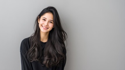 Naklejka premium Serene Beauty: Portrait of an Asian Woman - A young Asian woman smiles gently, radiating confidence and grace. The conveys joy, serenity, beauty, and natural elegance. It symbolizes youth, optimism