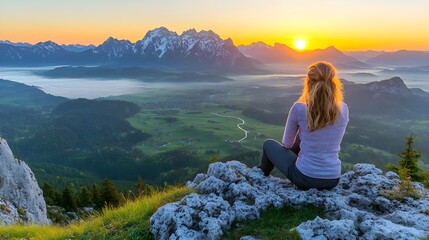 Naklejka premium Woman Sitting on Mountain Peak Enjoying Scenic Sunrise View