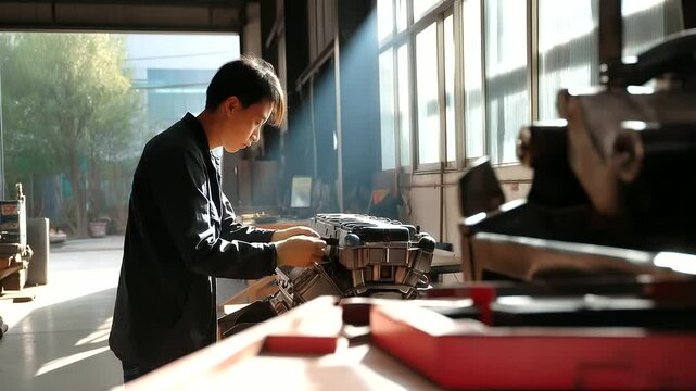 Worker repairing a bus engine in a bright morning garage