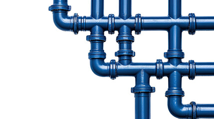 Intricate network of interconnected blue pipes and fittings arranged on a clean white background creating a modern and industrial design element.
