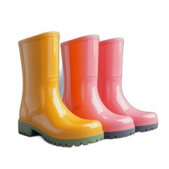 Colorful Rain Boots: Vibrant pair of waterproof boots in yellow and blue hues, featuring a playful polka dot pattern and sturdy soles, isolated on transparent background.