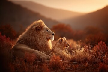Majestic lions rest in golden grassland, bathed in warm, dramatic light. A serene and powerful wildlife scene
