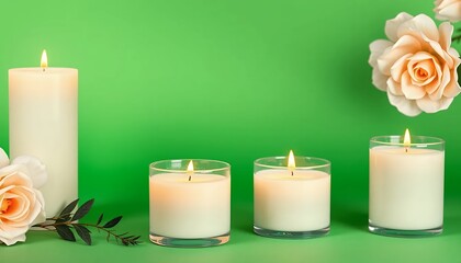 Isolated Candles and Peach Roses on Green Screen Perfect For Mockup Mother's Day Weddings Celebrations and Adds Serene Elegant touch with White Candles Roses on Green Backdrop