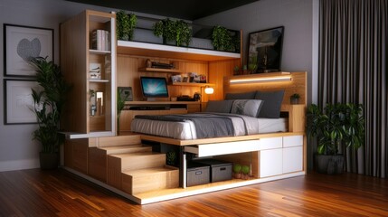 Multi-functional bed with built-in workspace, plant decor, modern design in stylish bedroom