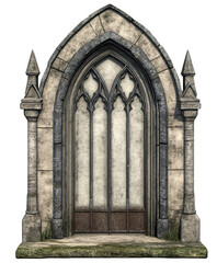 Fototapeta premium An arched gothic style stone doorway with ornate carvings and details stands against a white background, evoking mystery and architectural interest for viewers.