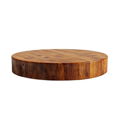 A circular wooden platform, meticulously crafted with visible wood grain and rich amber tones, is isolated against a stark white background offe a clean display stage.