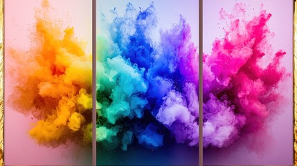 Fototapeta premium Vibrant color explosion art triptych on pastel background