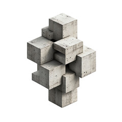 An abstract composition of rough gray concrete cubes arranged in a geometric sculptural form against a clean white background showcases minimalist design.