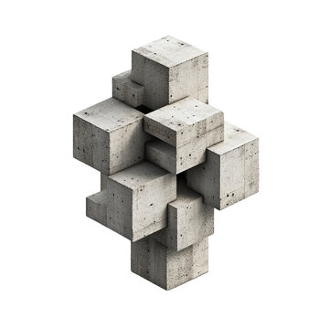 Fototapeta An abstract composition of rough gray concrete cubes arranged in a geometric sculptural form against a clean white background showcases minimalist design.