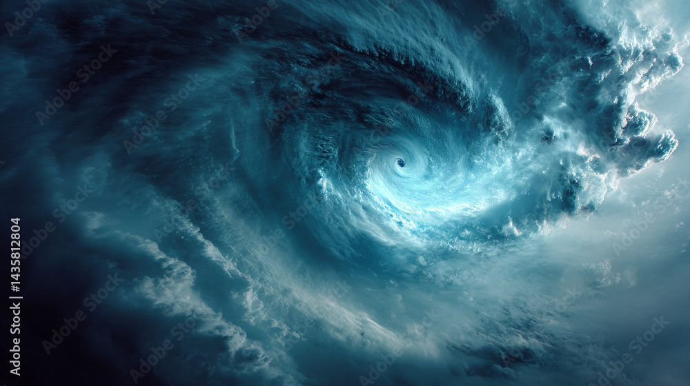 Poster swirling blue clouds form a vortex, creating a dramatic and intense visual, symbolizing power, natur